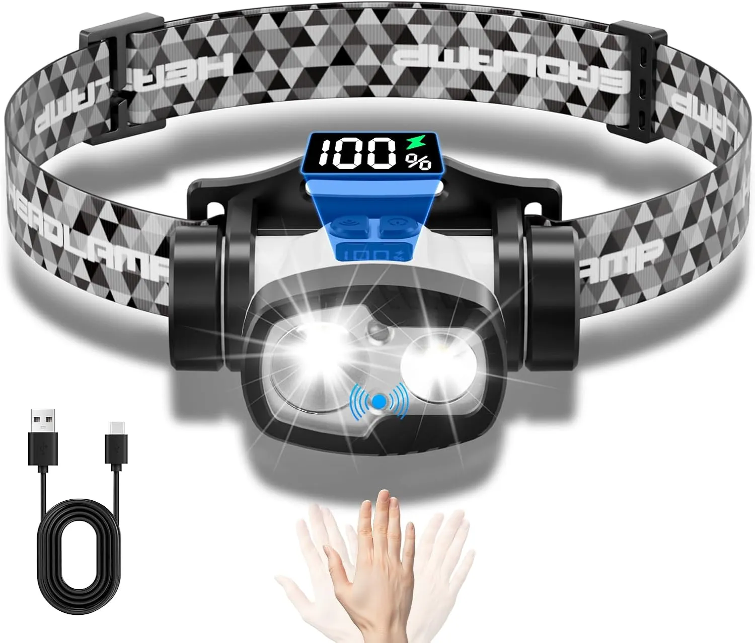 Headlamp Rechargeable Digital Display, Ultralight 800 Lumen Headlight for Adults Child, 8 1 Modes Sensor Led Head Lamp One Key Off, Waterproof Head Flashlight for Outdoor Running Hiking Camping