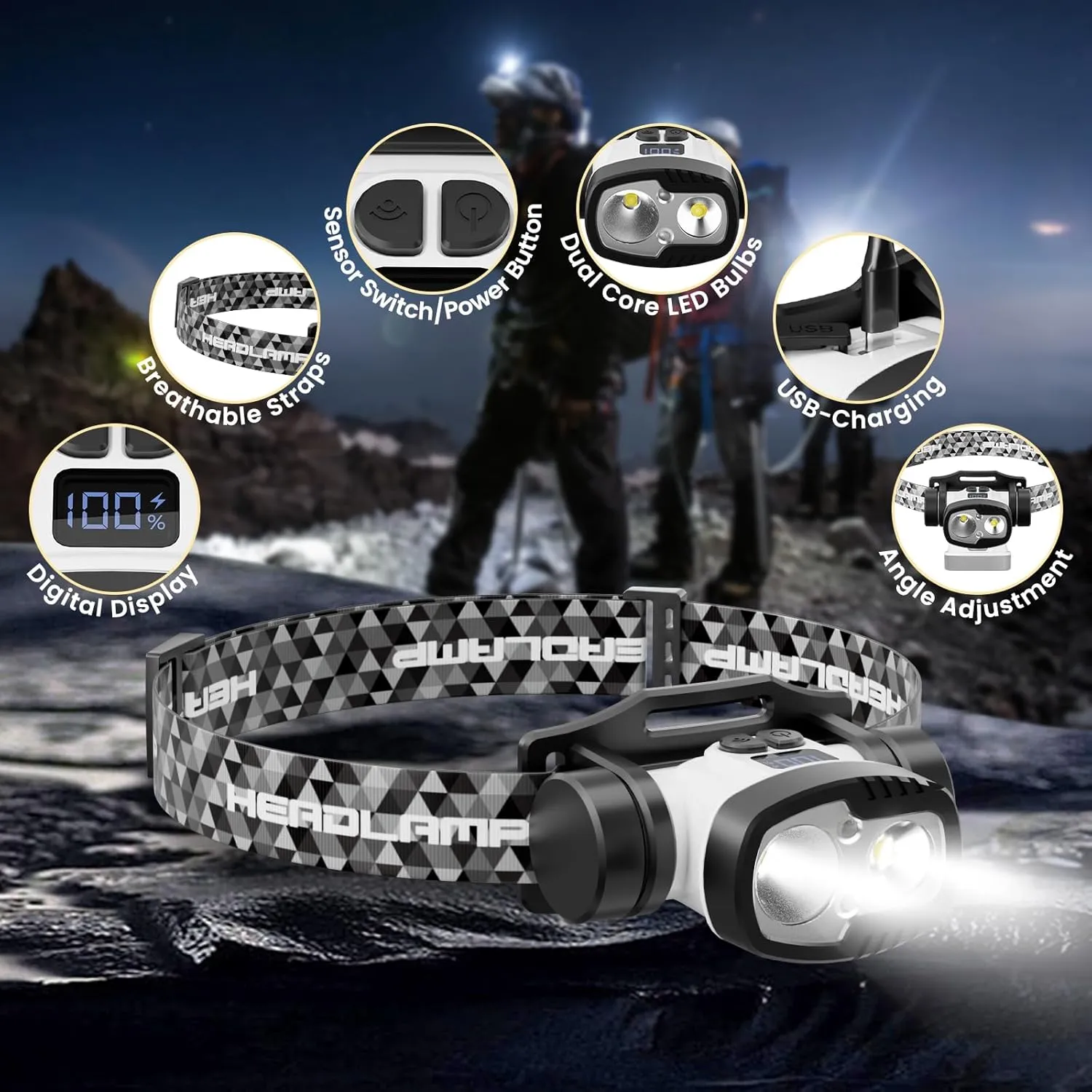 Headlamp Rechargeable Digital Display, Ultralight 800 Lumen Headlight for Adults Child, 8 1 Modes Sensor Led Head Lamp One Key Off, Waterproof Head Flashlight for Outdoor Running Hiking Camping