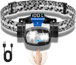 Headlamp Rechargeable Digital Display, Ultralight 800 Lumen Headlight for Adults Child, 8 1 Modes Sensor Led Head Lamp One Key Off, Waterproof Head Flashlight for Outdoor Running Hiking Camping