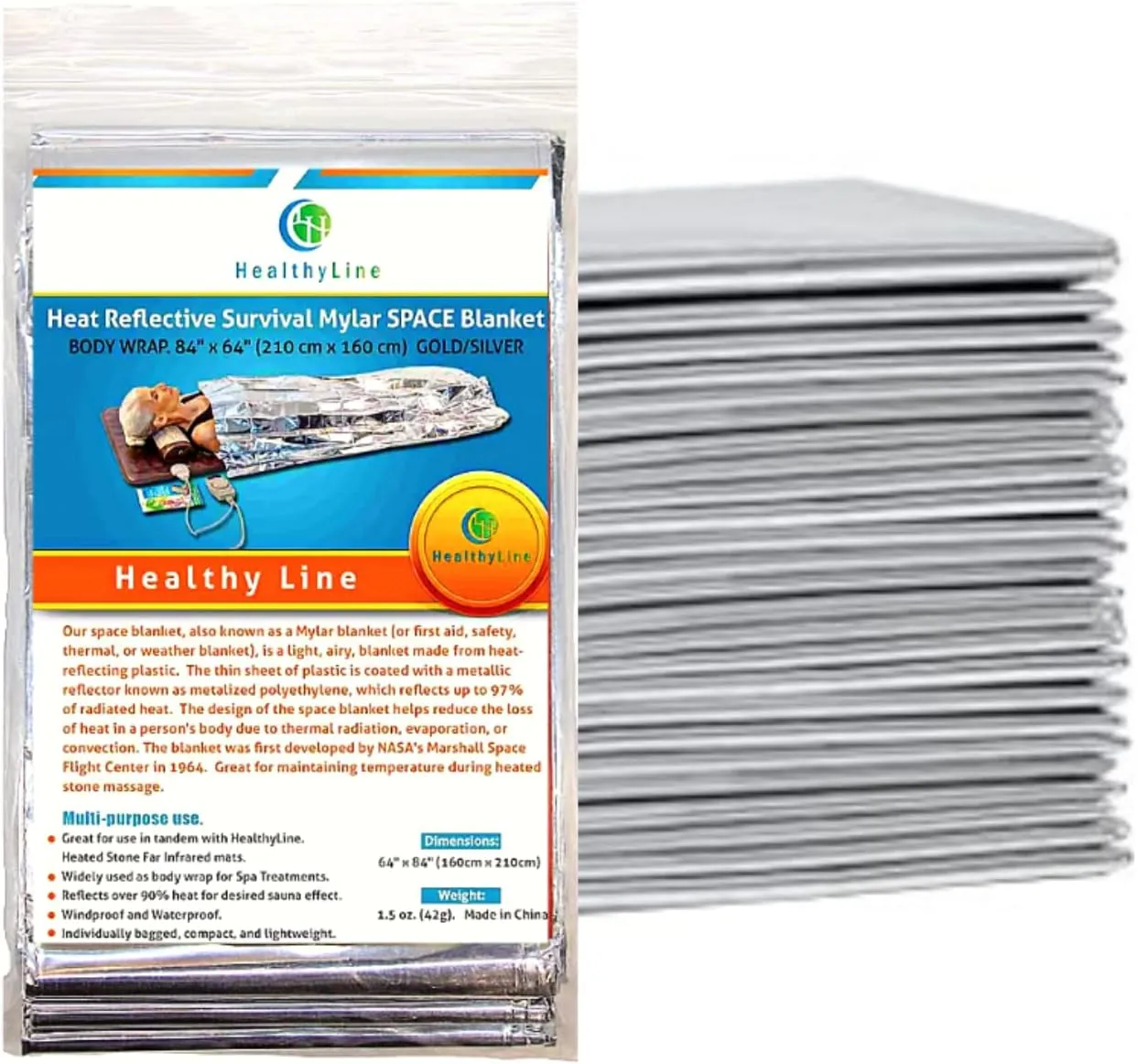 HealthyLine Thermal Foil Emergency Blankets (50 Pack)  Mylar Space Blanket for Heat Retention, Waterproof & Windproof, Lightweight Survival Gear for Outdoors, Camping, First Aid, and Sauna Use