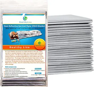 HealthyLine Thermal Foil Emergency Blankets (50 Pack)  Mylar Space Blanket for Heat Retention, Waterproof & Windproof, Lightweight Survival Gear for Outdoors, Camping, First Aid, and Sauna Use
