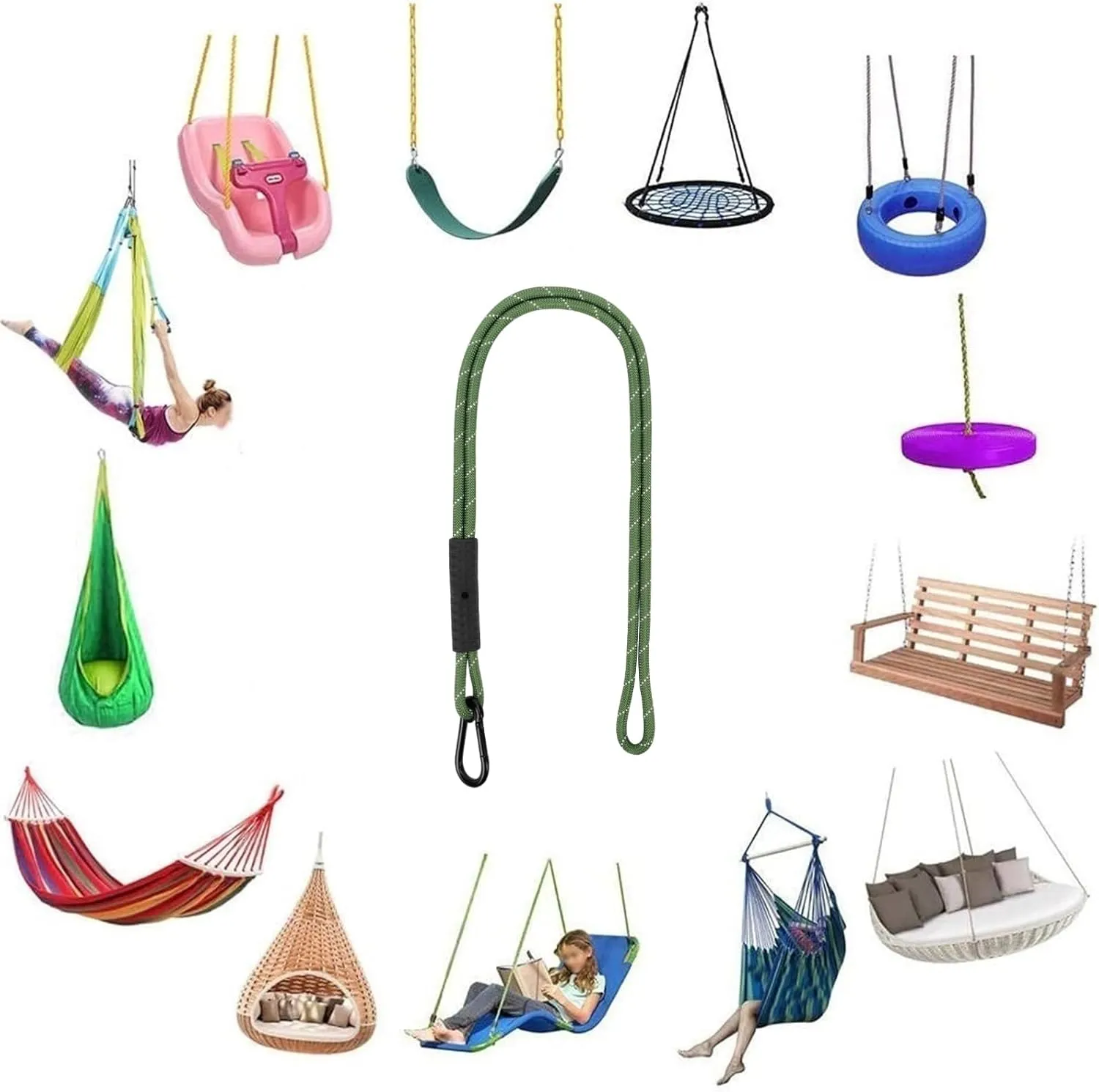 Heavy Duty Tree Swing Ropes, Hammock Tree Straps Hanging Kit, for Outdoor Swings Hammock Playground Set Accessories (1.75ft,21",Green,1Pack)