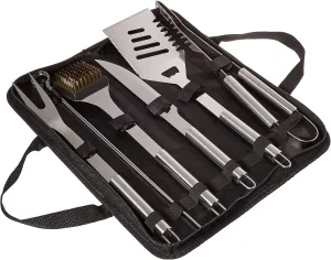 Home-Complete HC-1004 7 Grill Tool Kit-Stainless Steel BBQ Accessories Kitchen Set with Spatula, Tongs, Fork, Knife, Brush, Skewers, and Case, 8-Piece Travel, Silver