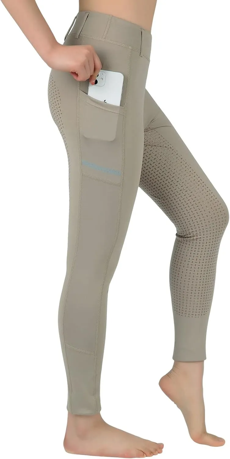 Horse Riding Pants Equestrian Girls Full Seat Silicone Breeches Kids Pull-On Horseback Riding Tights Pockets