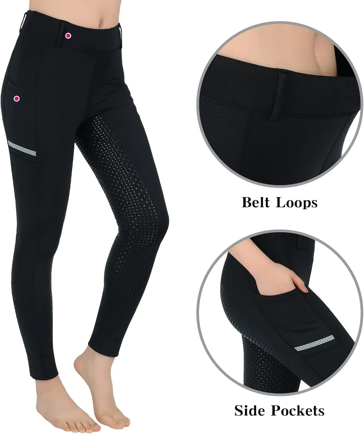 Horse Riding Pants Equestrian Girls Full Seat Silicone Breeches Kids Pull-On Horseback Riding Tights Pockets