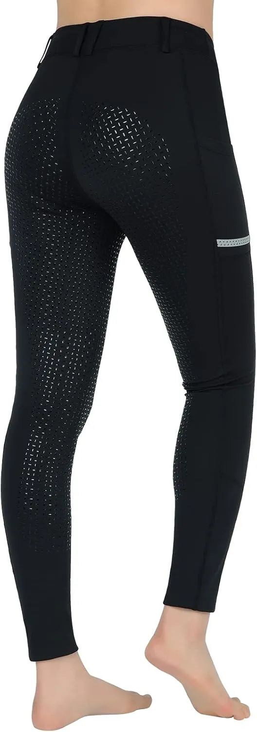 Horse Riding Pants Equestrian Girls Full Seat Silicone Breeches Kids Pull-On Horseback Riding Tights Pockets
