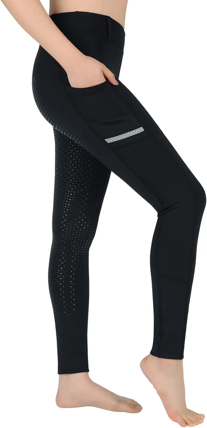 Horse Riding Pants Equestrian Girls Full Seat Silicone Breeches Kids Pull-On Horseback Riding Tights Pockets