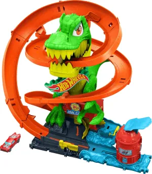 Hot Wheels Toy Car Track Set, City T-Rex Blaze Battle Playset & 1:64 Scale Die-Cast Vehicle, 18 Tall, Multiple Race Outcomes, Spinning Dinosaur Eyes
