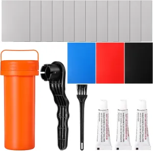 Inflatable Boat Repair Kit Include 15 X PVC Patch, 1 X Maintenance Barrel, 1 X Valve Wrench, 1 X Brush and 3 X 3g Glue, Rubber Boat Repair Patches Set for Inflatable Raft Canoe Kayak