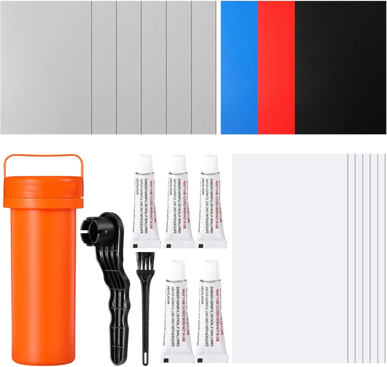 Inflatable Boat Repair Kit Include 9 PVC Patch, 6 TPU Repair Patch, 1 Maintenance Barrel, 1 Valve Wrench, 1 Brush and 5 Pcs 3g Glue, Rubber Boat Repair Patches Set for Inflatable Kayak
