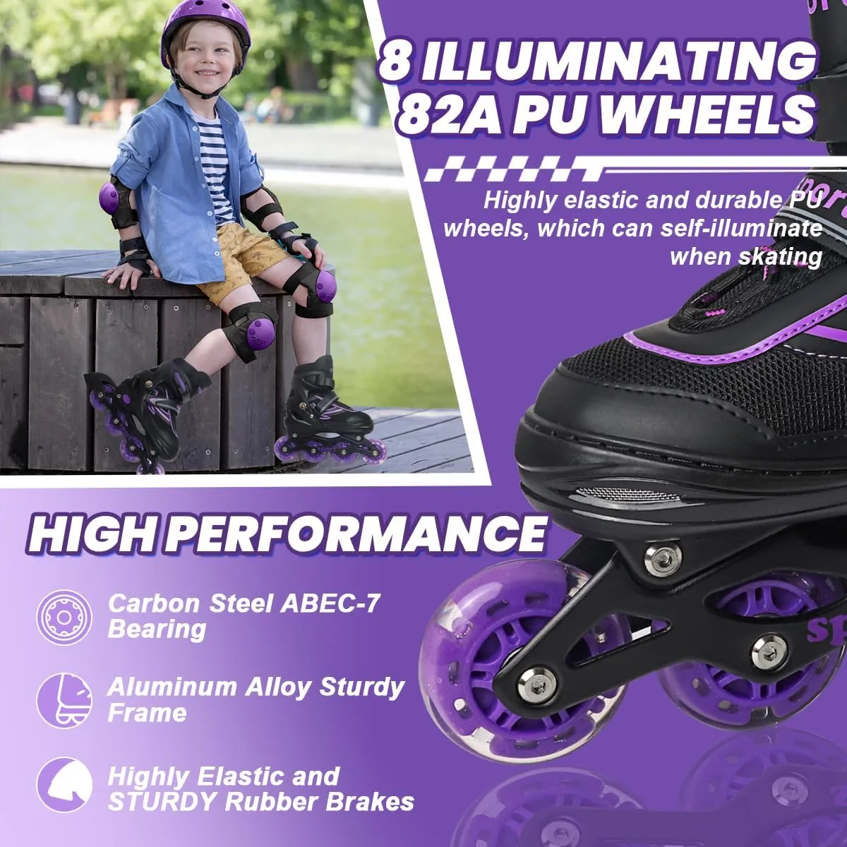 Kids Inline Skates for Girls Ages 6-12, Adjustable 4 Size Blades Roller Kids Skates for Girls and Boys, Youth and Teens, Beginner with Full Wheels Illuminating