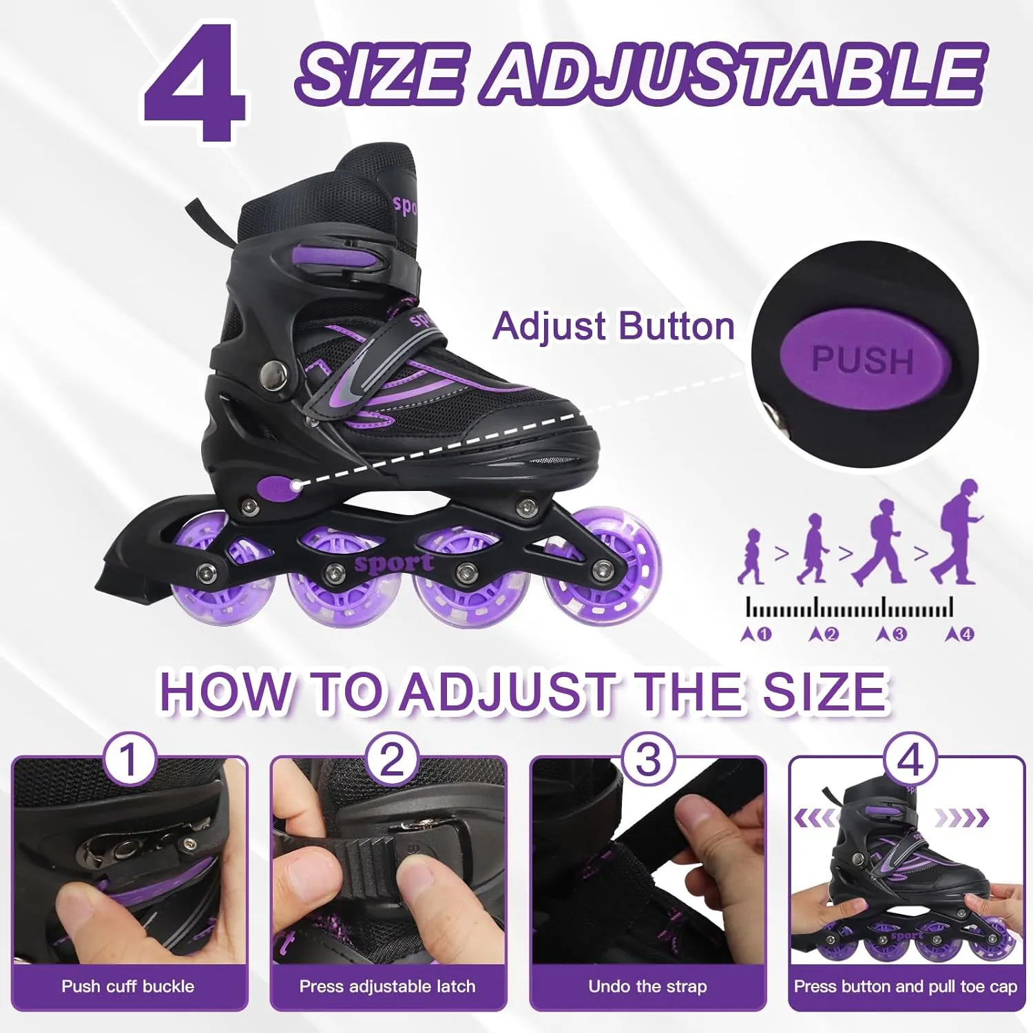 Kids Inline Skates for Girls Ages 6-12, Adjustable 4 Size Blades Roller Kids Skates for Girls and Boys, Youth and Teens, Beginner with Full Wheels Illuminating