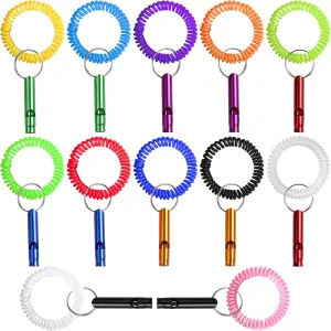 Leery 12 pieces Metal Sport Whistles & 12 pieces Stretchable Coil Wrist Keychain Ring Bracelets for Coaches Referees Lifeguarding Survival Emergency Training Outdoor Adventure or Camping Trip