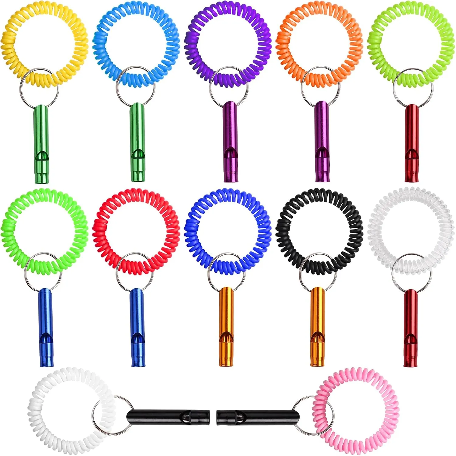 Leery 12 pieces Metal Sport Whistles & 12 pieces Stretchable Coil Wrist Keychain Ring Bracelets for Coaches Referees Lifeguarding Survival Emergency Training Outdoor Adventure or Camping Trip