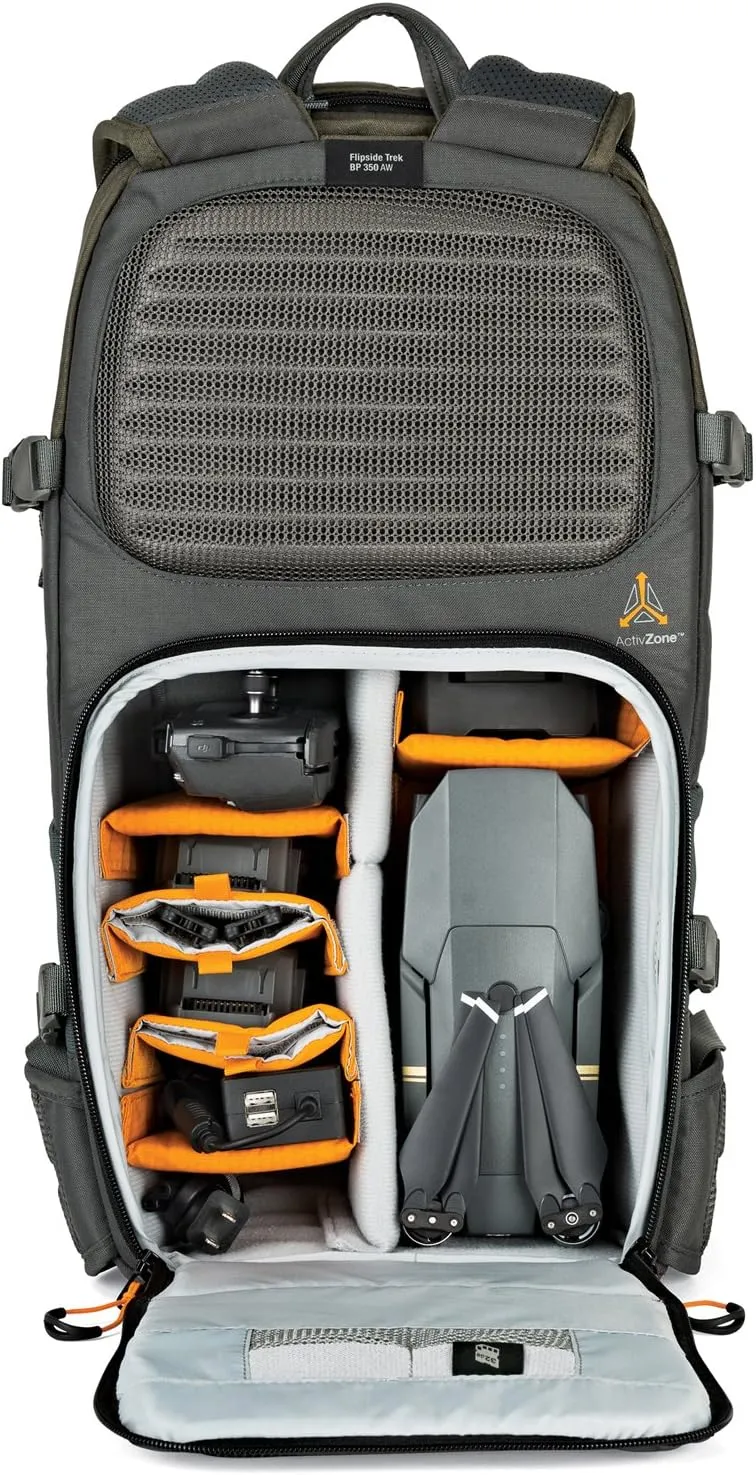 Lowepro LP37015-PWW, Flipside Trek BP 350 AW Backpack for Camera, Stores DSLR with Lens Attached, Extra Lenses, Tripod, 10 Inch Tablet Grey/Dark Green