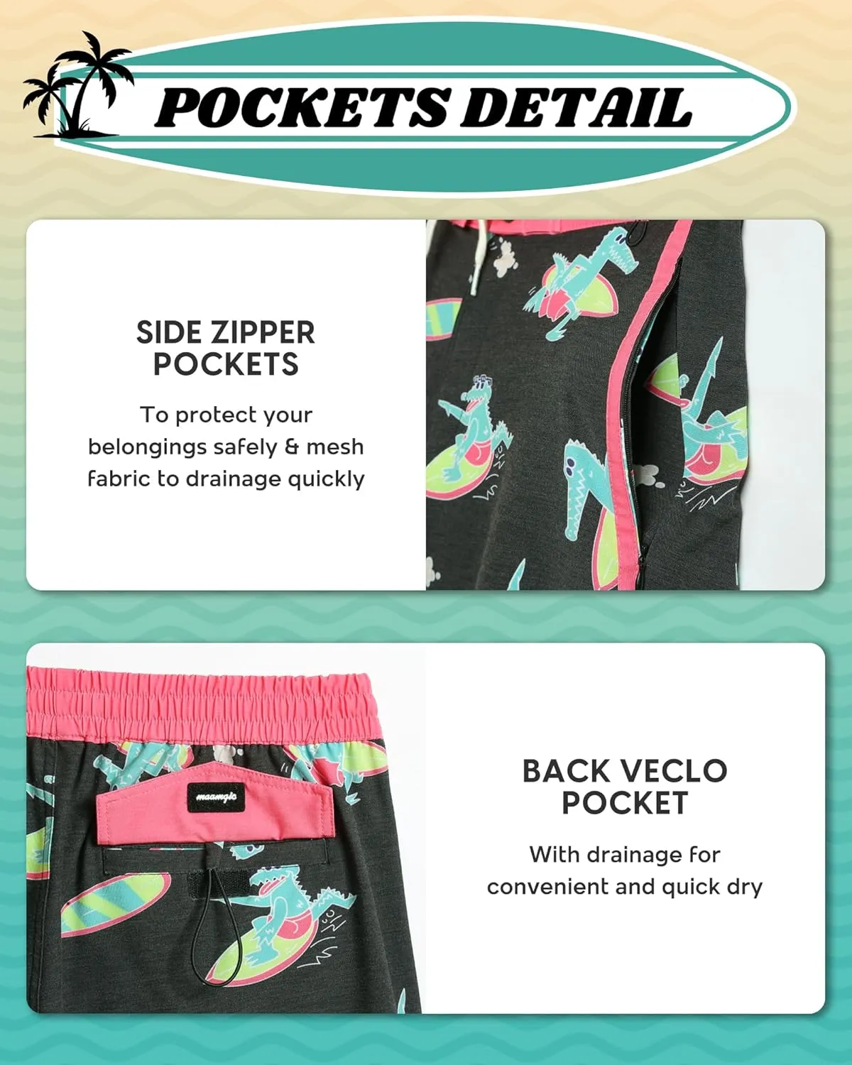 maamgic Men's Swim Trunks Board Shorts Vintage Beach Shorts 4 Way Stretch Quick Dry with Zipper Pockets