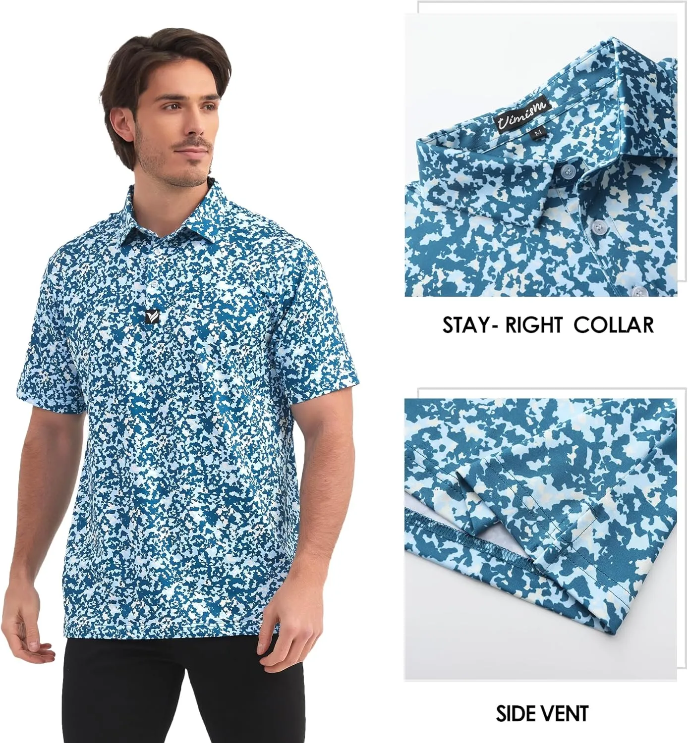 Mens Golf Polo Shirts Short Sleeve Dry Fit Performance Moisture Wicking Casual Print Collared Golf Shirts for Men