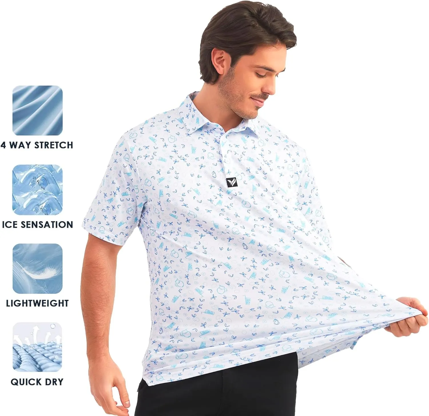 Mens Golf Polo Shirts Short Sleeve Dry Fit Performance Moisture Wicking Casual Print Collared Golf Shirts for Men