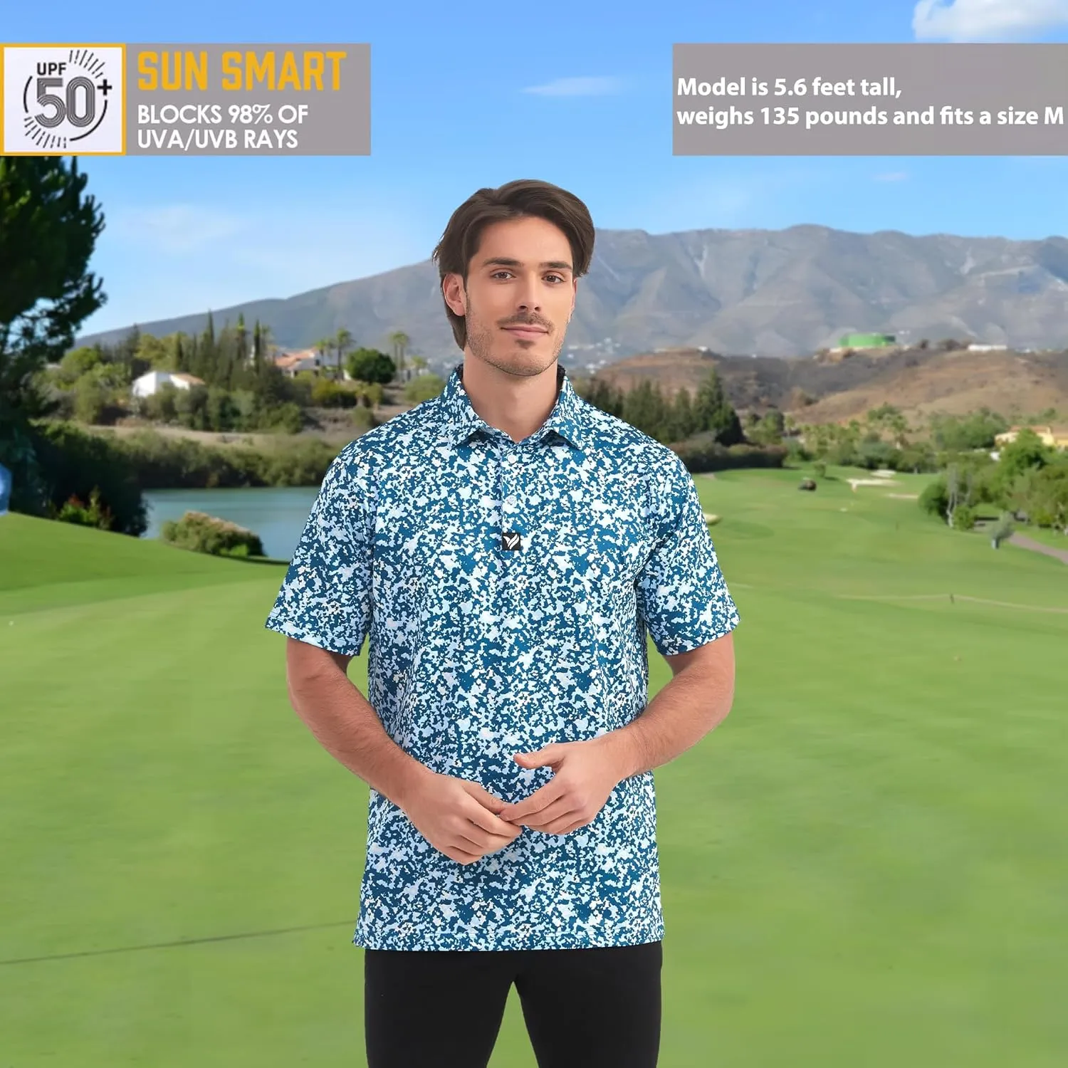 Mens Golf Polo Shirts Short Sleeve Dry Fit Performance Moisture Wicking Casual Print Collared Golf Shirts for Men