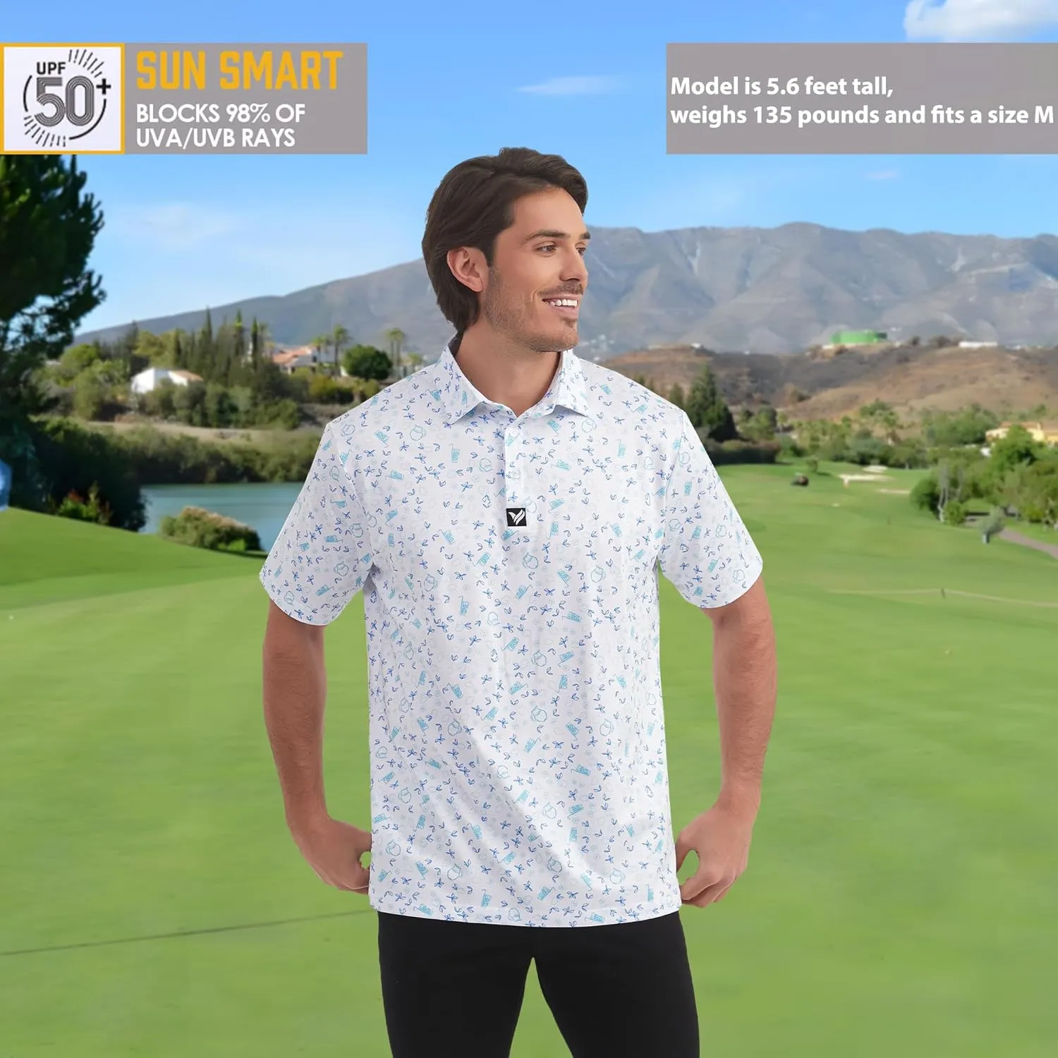 Mens Golf Polo Shirts Short Sleeve Dry Fit Performance Moisture Wicking Casual Print Collared Golf Shirts for Men