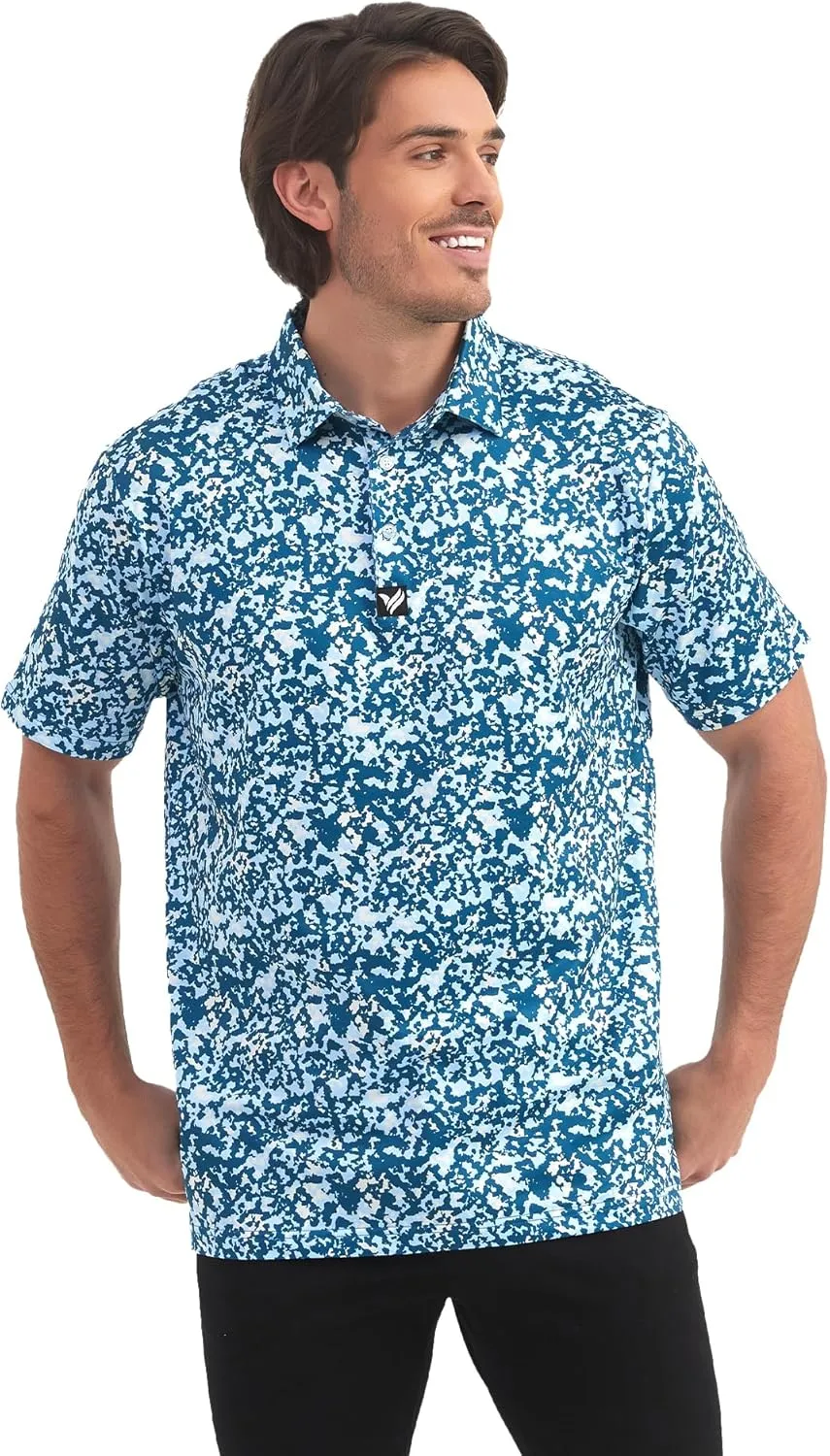 Mens Golf Polo Shirts Short Sleeve Dry Fit Performance Moisture Wicking Casual Print Collared Golf Shirts for Men