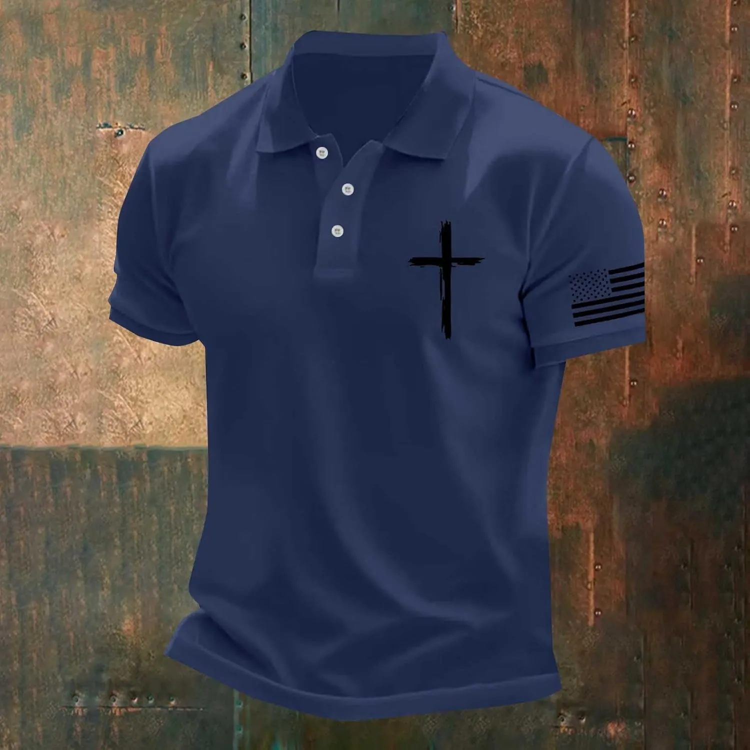 Men's Polo Shirts Christian Cross American Flag Pirnt Golf T-Shirts Summer Short Sleeve Button Down Patriotic Tops