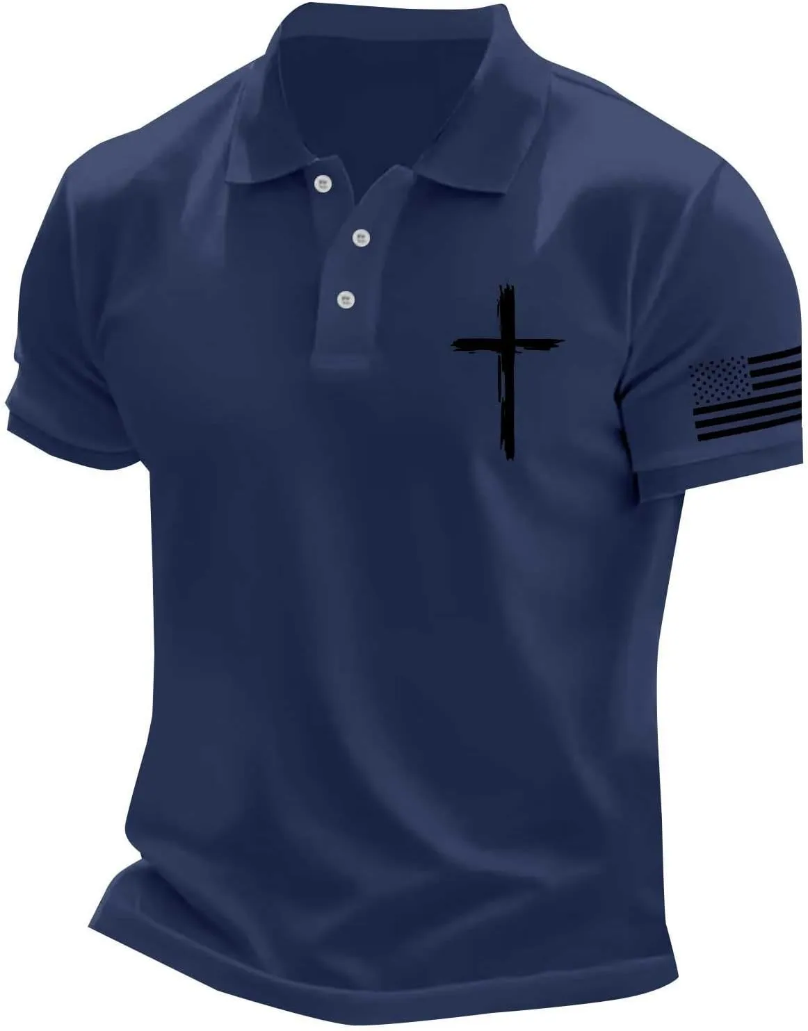 Men's Polo Shirts Christian Cross American Flag Pirnt Golf T-Shirts Summer Short Sleeve Button Down Patriotic Tops