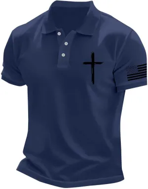 Men's Polo Shirts Christian Cross American Flag Pirnt Golf T-Shirts Summer Short Sleeve Button Down Patriotic Tops