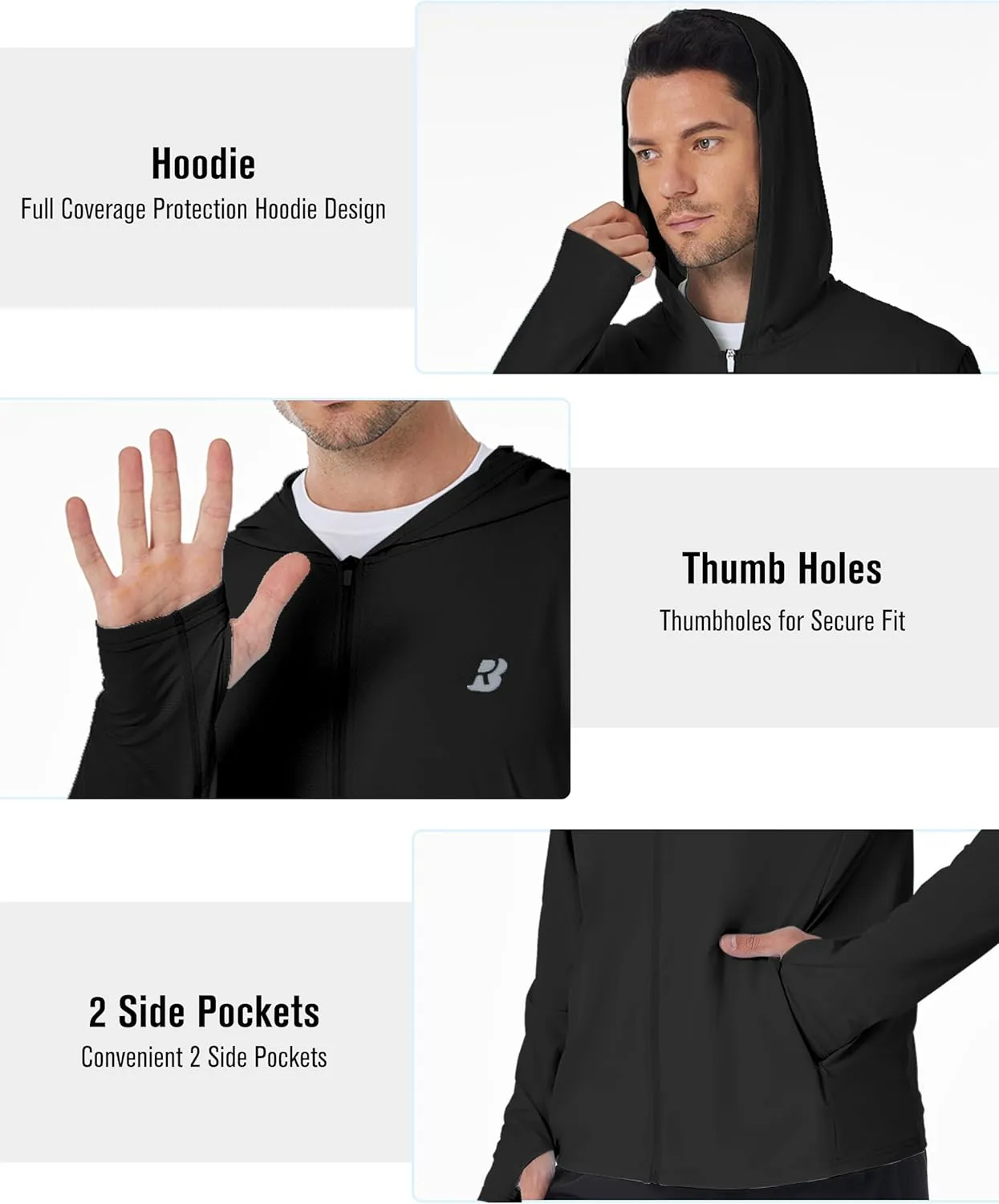 Mens UPF 50  Sun Shirt, Lightweight Moisture Wicking Full Zip Fishing Hoodie, Hiking Jacket with Pockets and Thumbholes