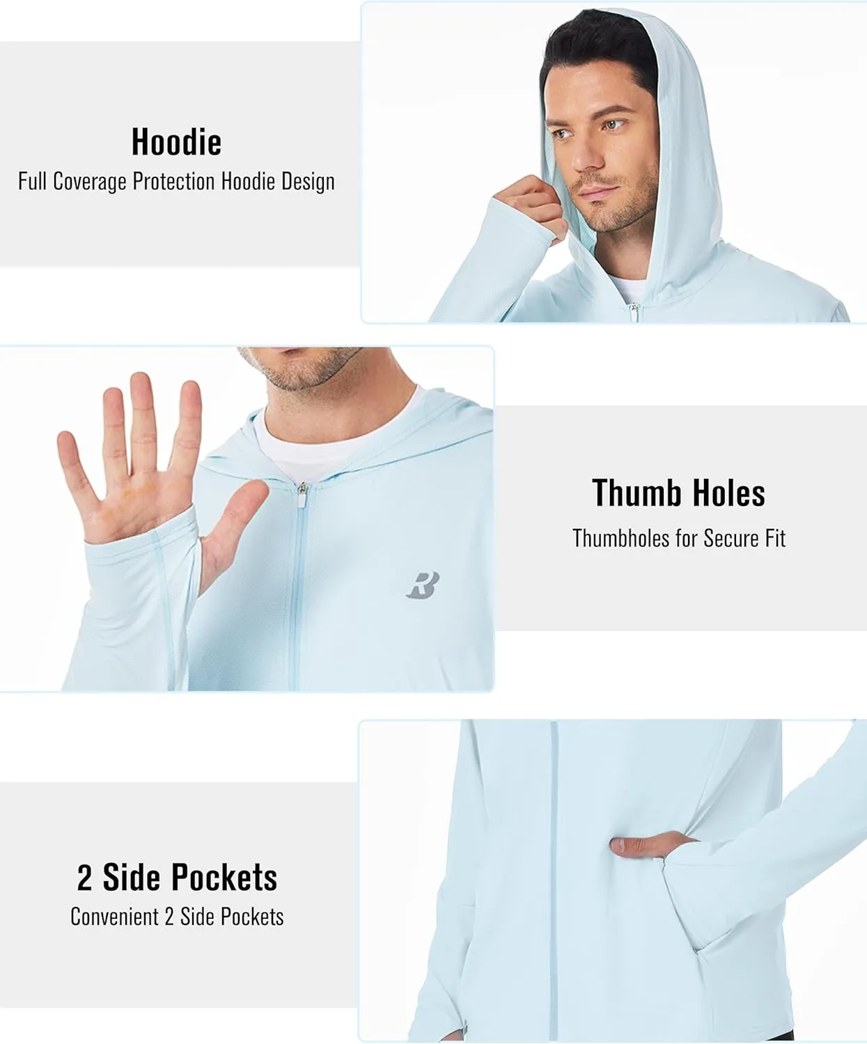 Mens UPF 50  Sun Shirt, Lightweight Moisture Wicking Full Zip Fishing Hoodie, Hiking Jacket with Pockets and Thumbholes