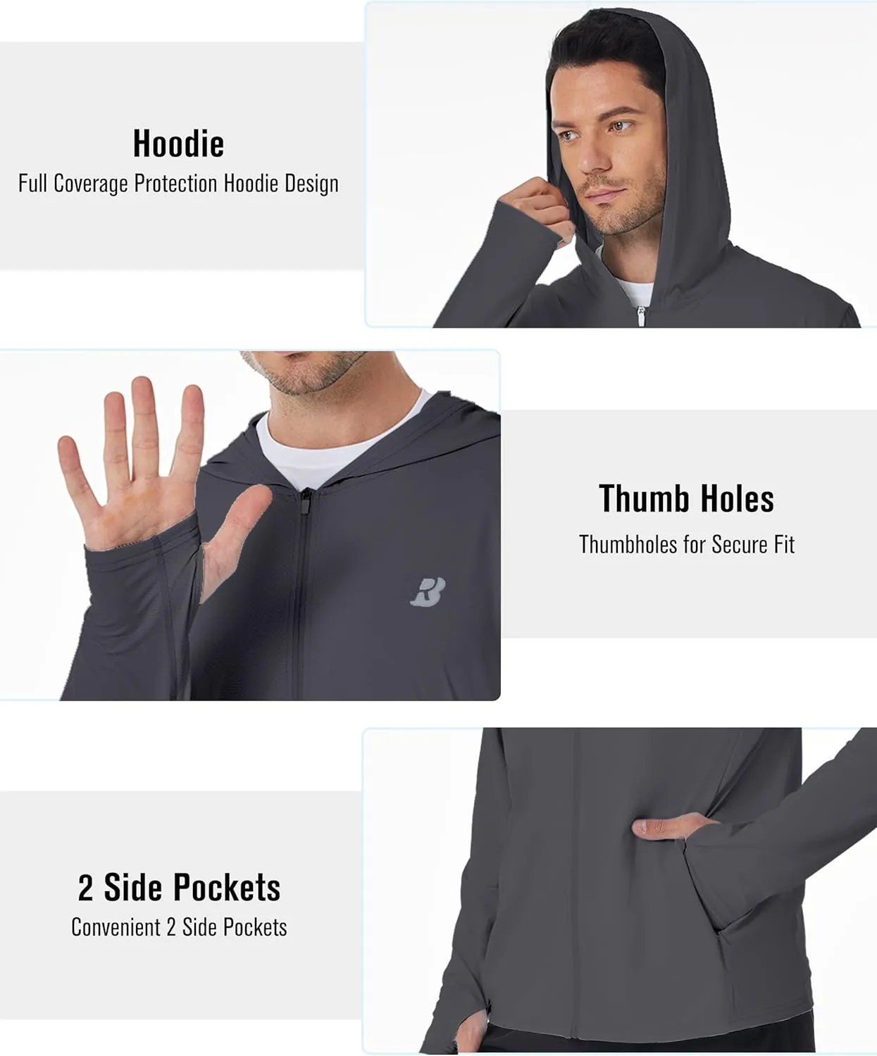 Mens UPF 50  Sun Shirt, Lightweight Moisture Wicking Full Zip Fishing Hoodie, Hiking Jacket with Pockets and Thumbholes