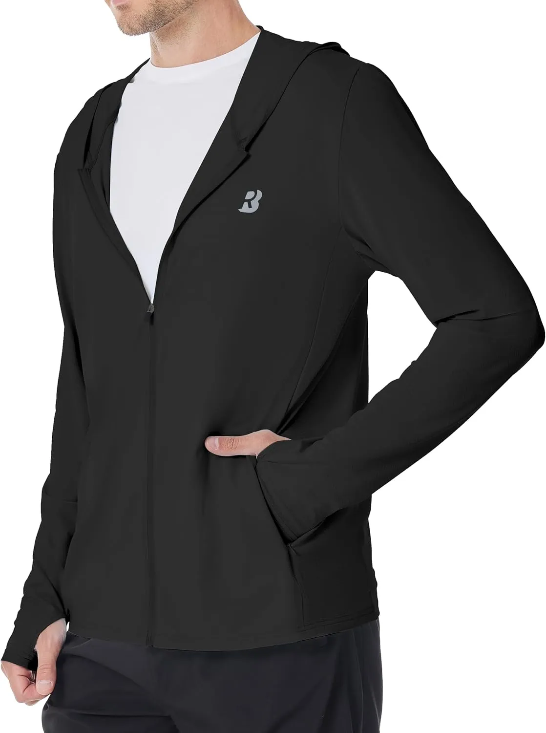 Mens UPF 50  Sun Shirt, Lightweight Moisture Wicking Full Zip Fishing Hoodie, Hiking Jacket with Pockets and Thumbholes