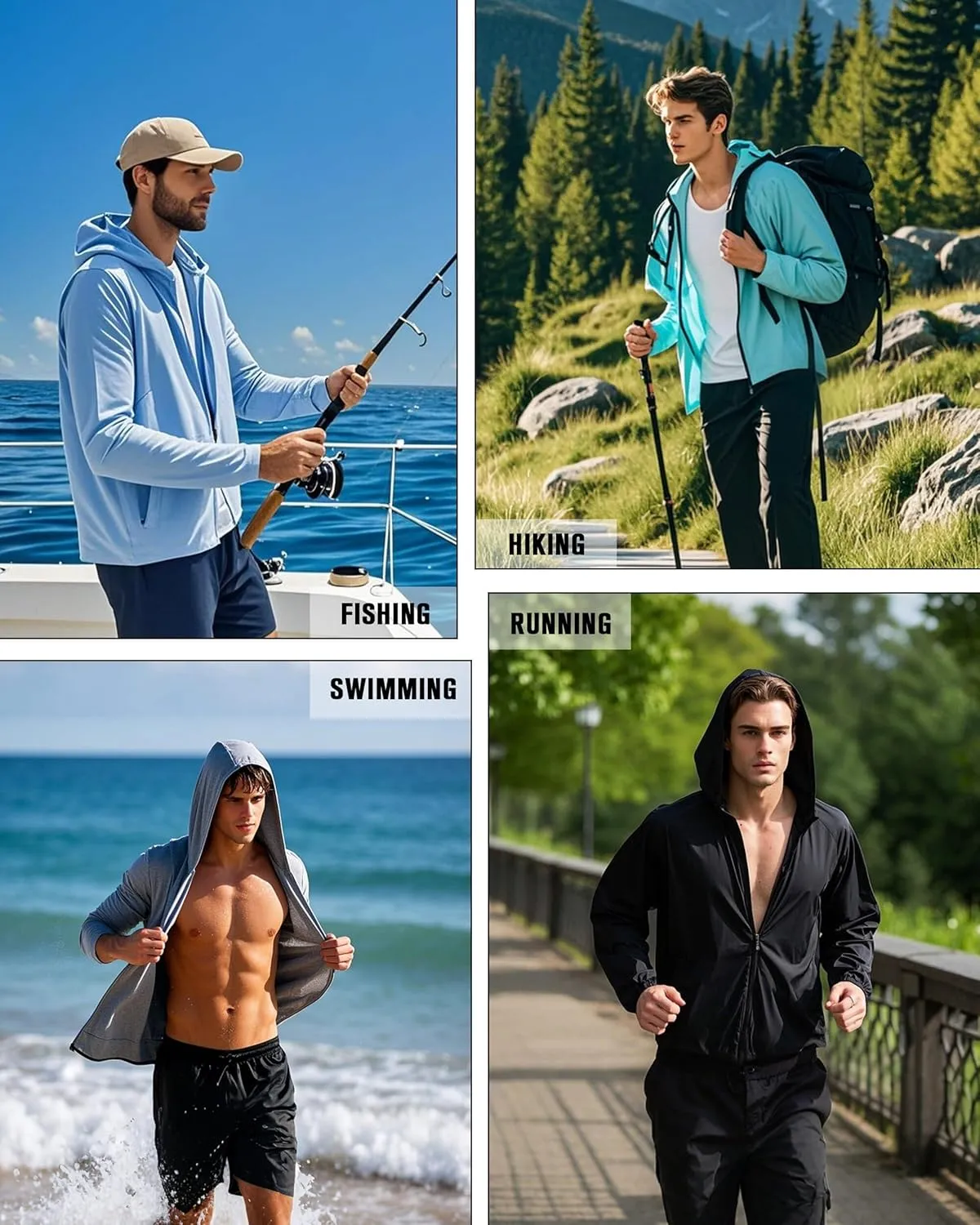 Mens UPF 50  Sun Shirt, Lightweight Moisture Wicking Full Zip Fishing Hoodie, Hiking Jacket with Pockets and Thumbholes