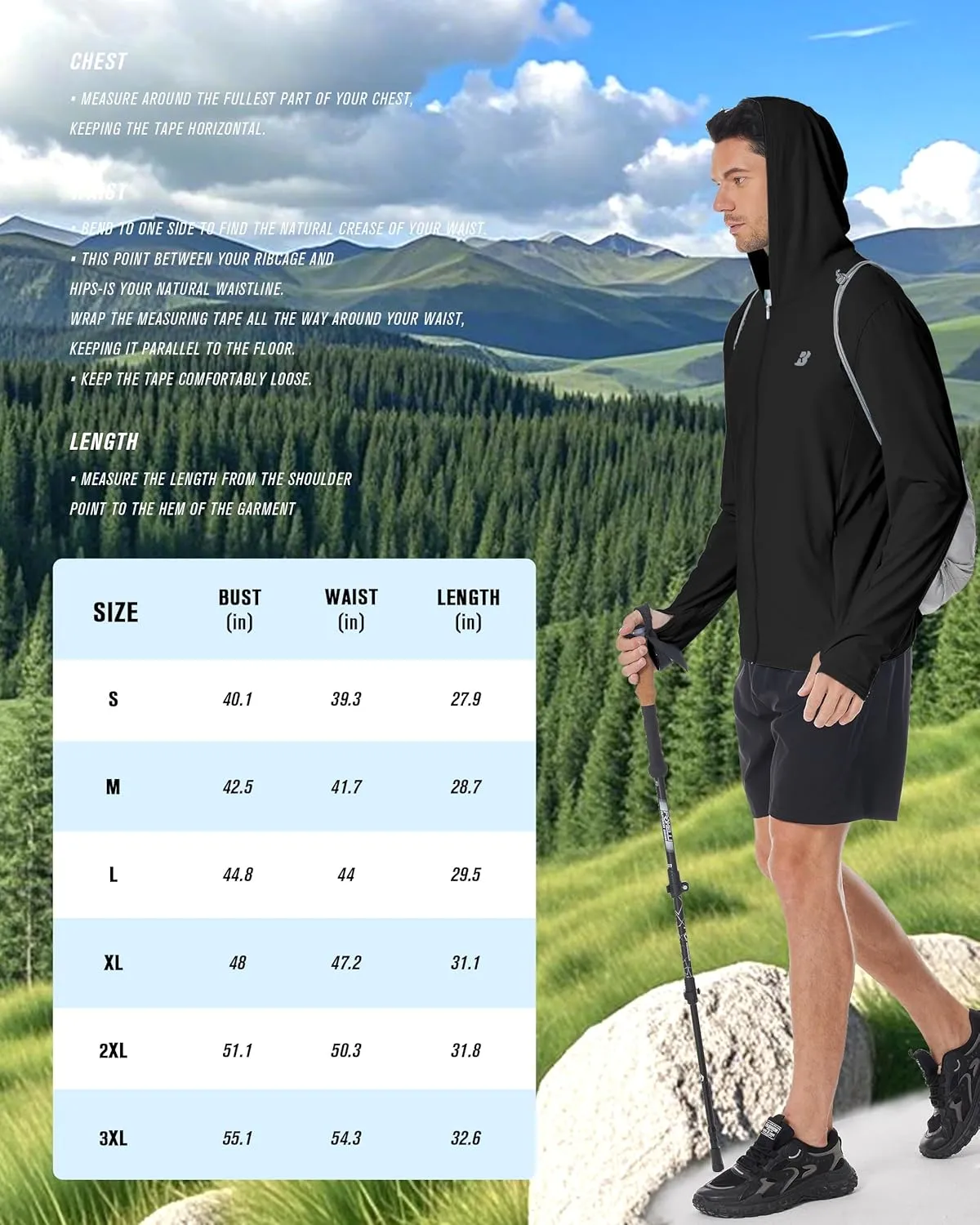Mens UPF 50  Sun Shirt, Lightweight Moisture Wicking Full Zip Fishing Hoodie, Hiking Jacket with Pockets and Thumbholes