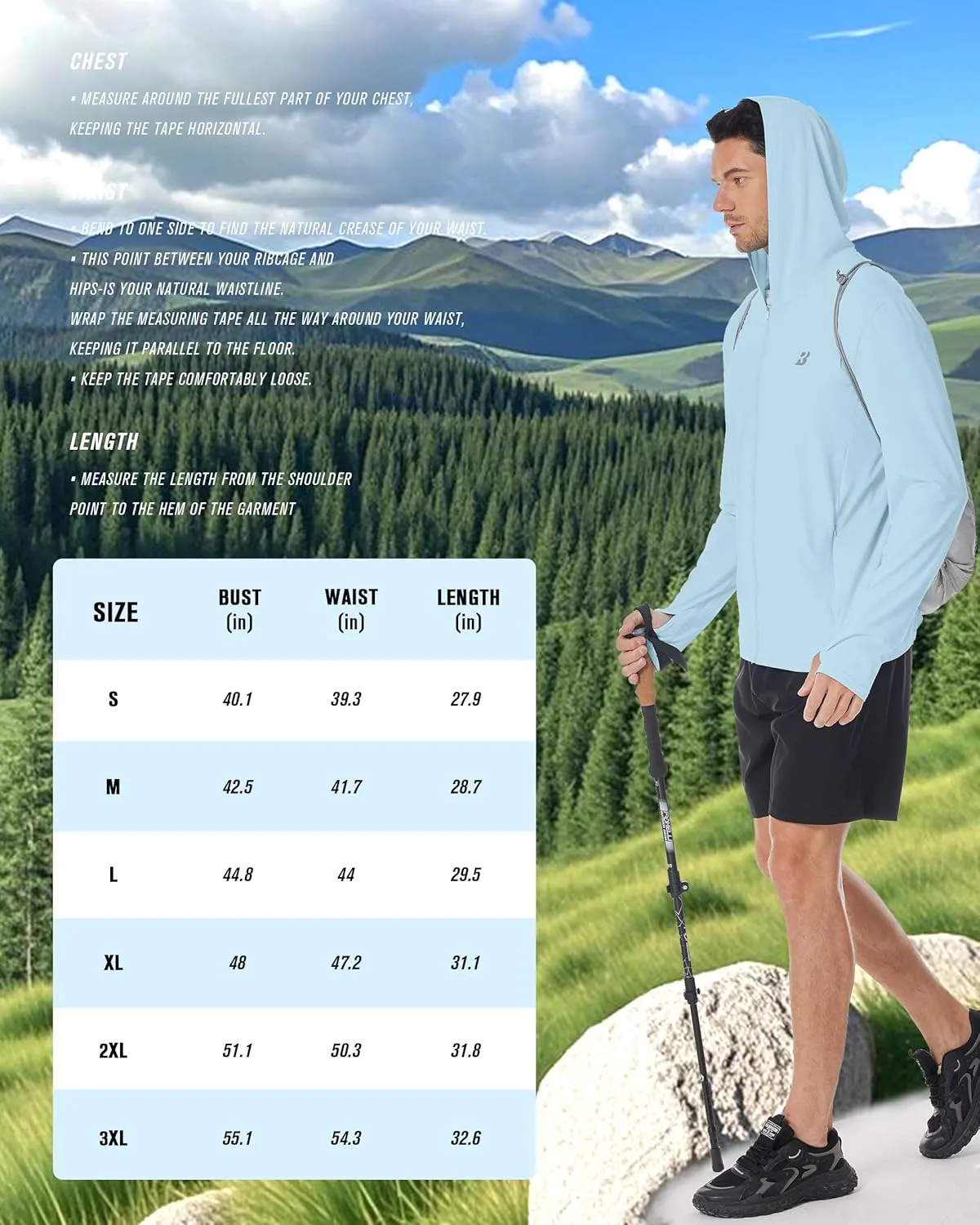 Mens UPF 50  Sun Shirt, Lightweight Moisture Wicking Full Zip Fishing Hoodie, Hiking Jacket with Pockets and Thumbholes
