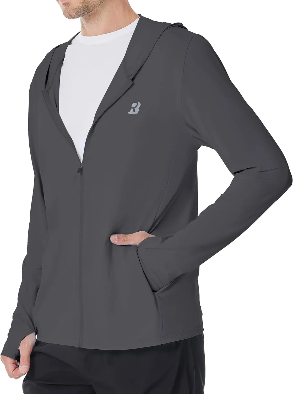 Mens UPF 50  Sun Shirt, Lightweight Moisture Wicking Full Zip Fishing Hoodie, Hiking Jacket with Pockets and Thumbholes