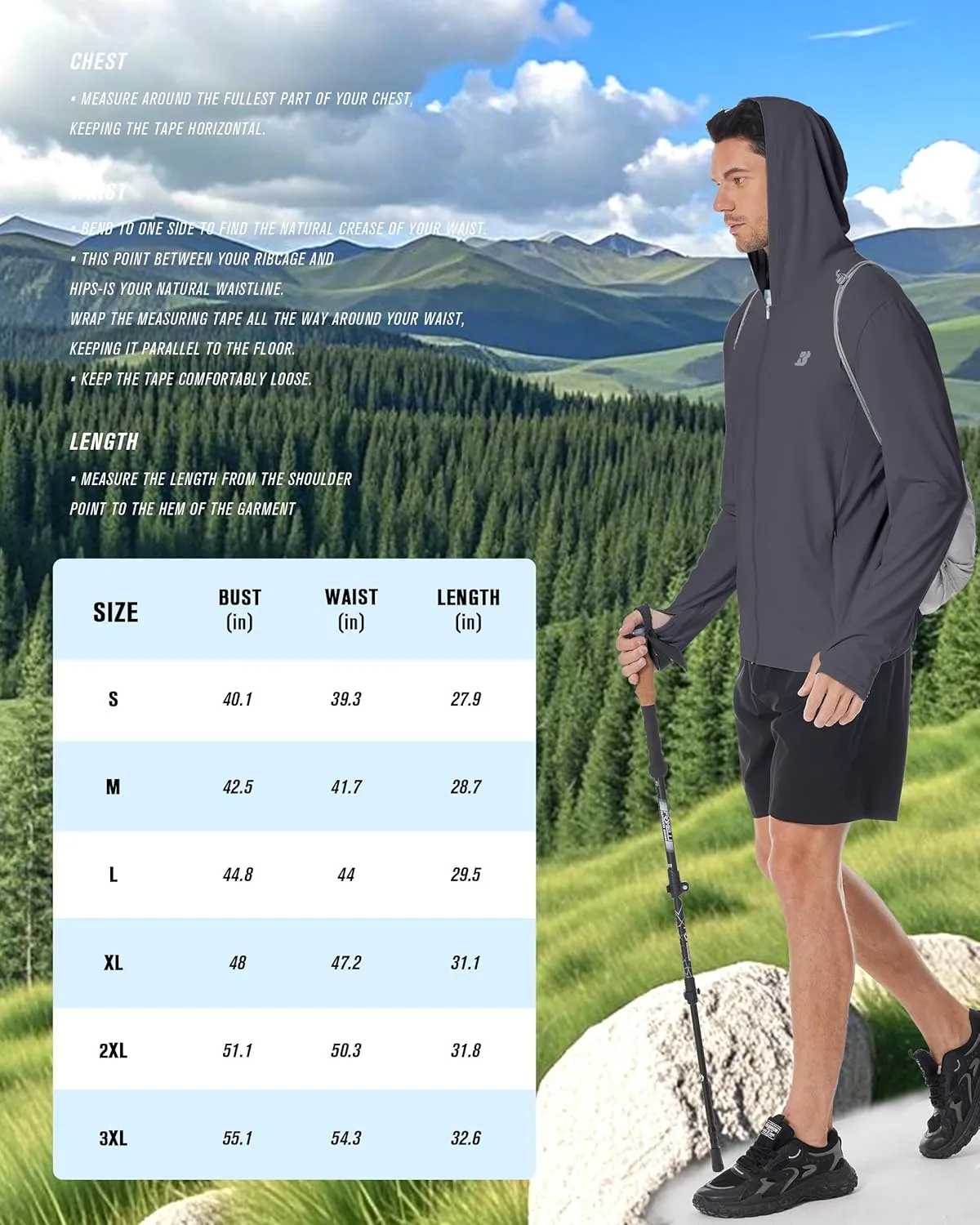 Mens UPF 50  Sun Shirt, Lightweight Moisture Wicking Full Zip Fishing Hoodie, Hiking Jacket with Pockets and Thumbholes