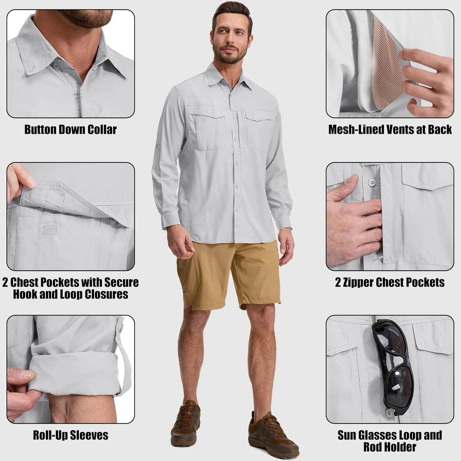 mixtiq Men's Sun Protection Safari Shirts Long Sleeve UPF 50  UV Quick Dry Travel Hiking Fishing Shirts with Zipper