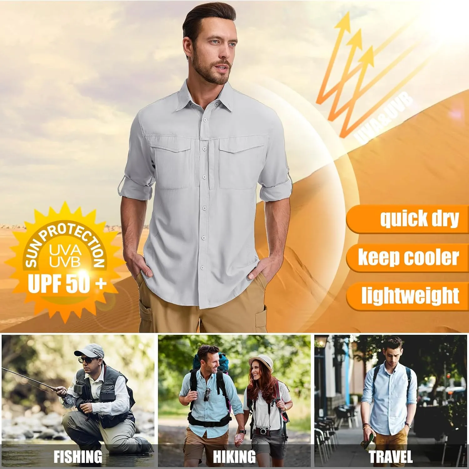 mixtiq Men's Sun Protection Safari Shirts Long Sleeve UPF 50  UV Quick Dry Travel Hiking Fishing Shirts with Zipper