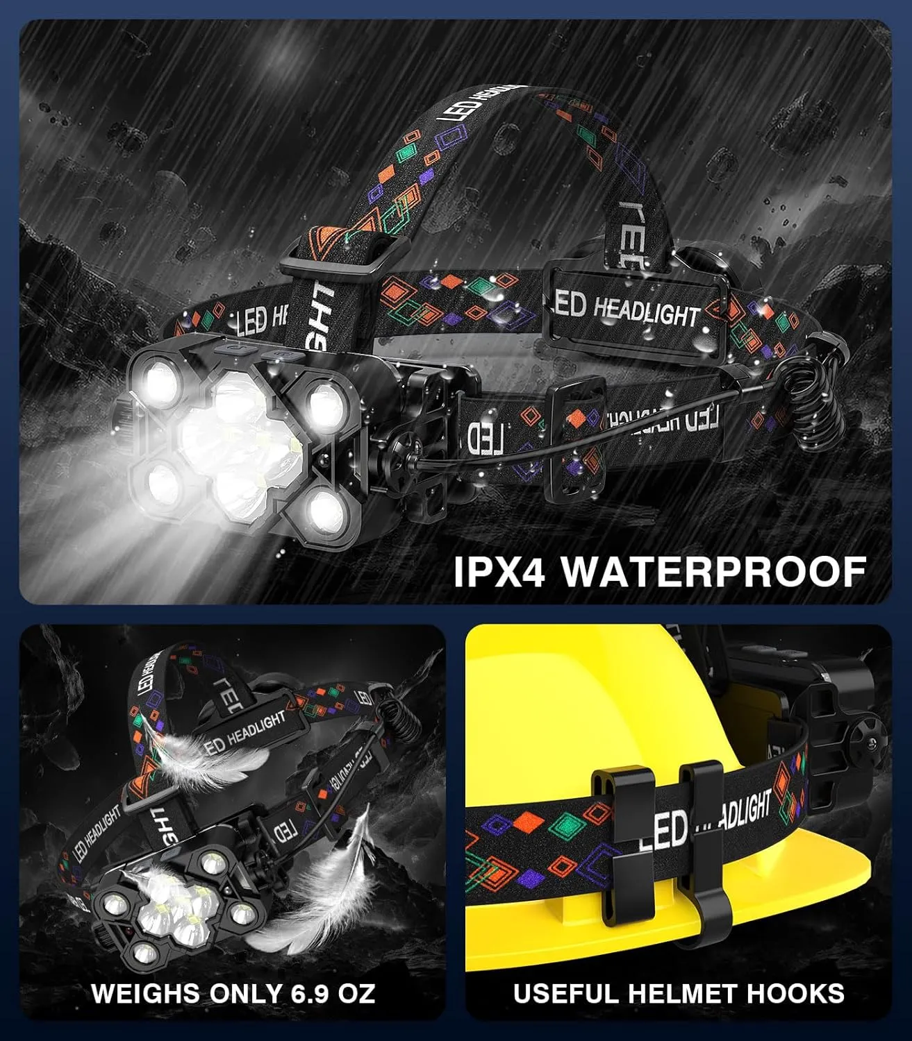 MoKo Rechargeable Headlamp, 3-in-1 2500 High Lumens Head Lamp with 9 LED, 13 Modes IP44 Waterproof LED Headlamp with 3 Color Temps, Running Headlight for Camping, Cycling, Hiking, Fishing, Black