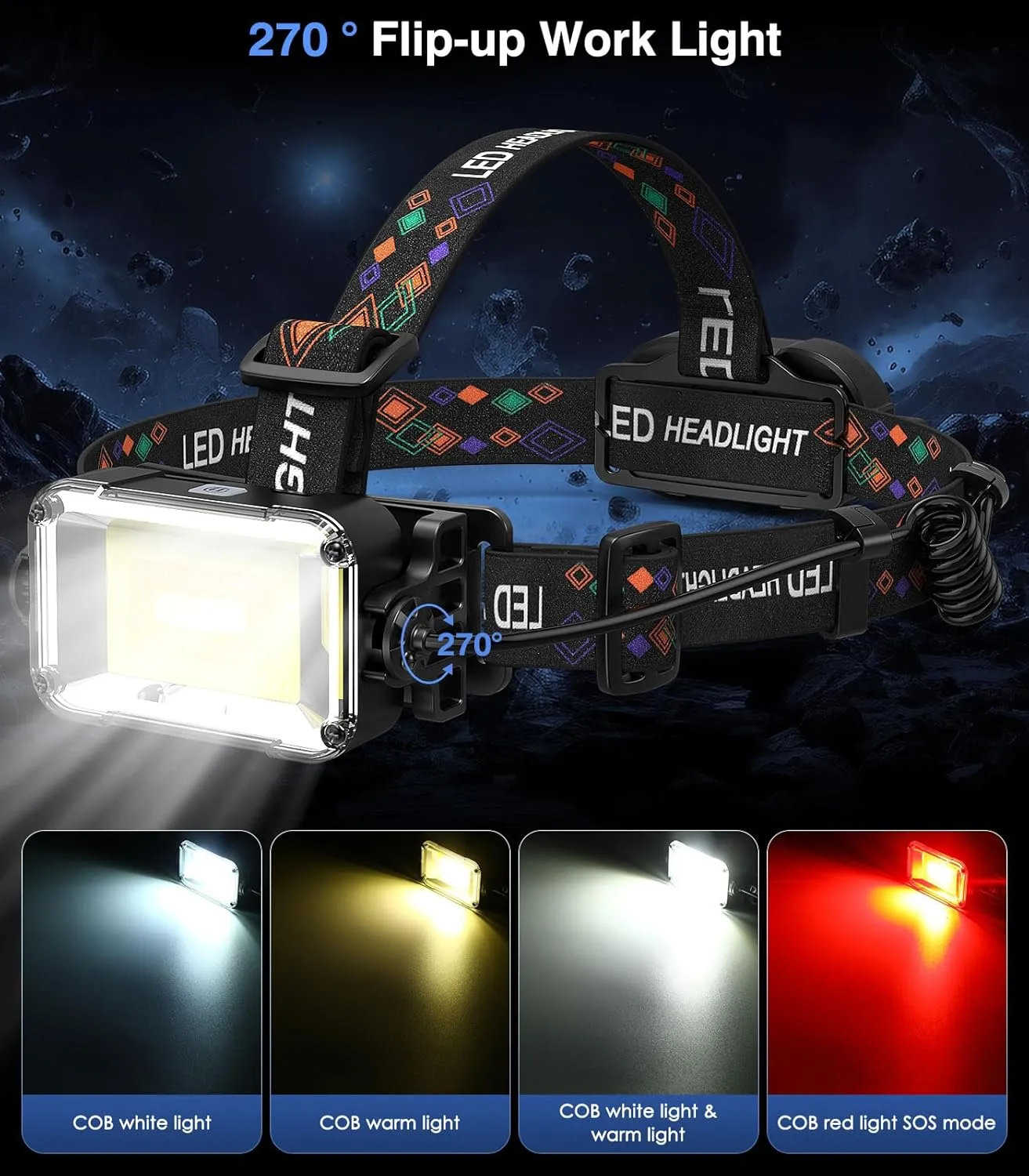 MoKo Rechargeable Headlamp, 3-in-1 2500 High Lumens Head Lamp with 9 LED, 13 Modes IP44 Waterproof LED Headlamp with 3 Color Temps, Running Headlight for Camping, Cycling, Hiking, Fishing, Black