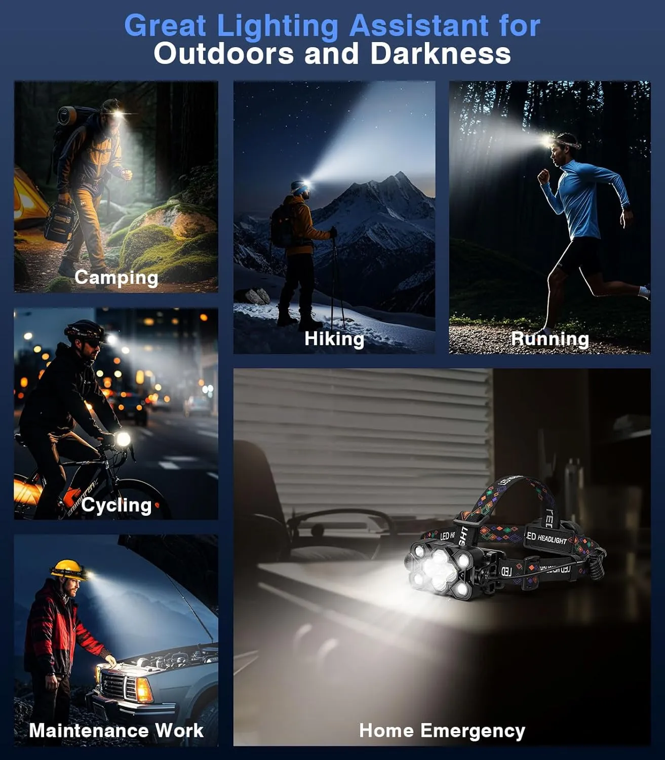 MoKo Rechargeable Headlamp, 3-in-1 2500 High Lumens Head Lamp with 9 LED, 13 Modes IP44 Waterproof LED Headlamp with 3 Color Temps, Running Headlight for Camping, Cycling, Hiking, Fishing, Black