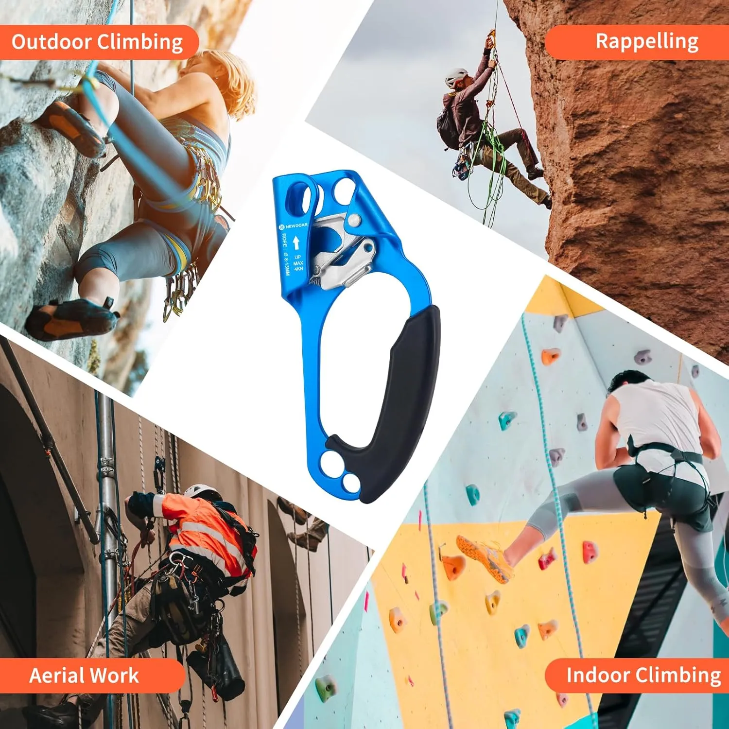 NewDoar UIAA & CE Certified Hand Ascender Rock Climbing Tree Arborist Rappelling Gear Equipment Rope Clamp for 8~13MM Rope