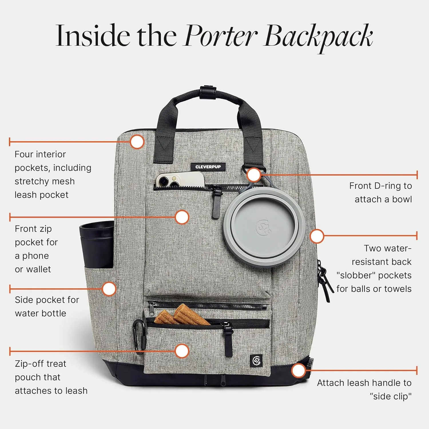 Porter 2-in-1 Dog Gear Backpack  Premium Dog Travel Bag with 10 Pockets, Zip-Off Treat Pouch, Leash Clip, Waterproof Pockets & Water Bottle Holder  Weekend, Hiking, Camping, Heather Grey