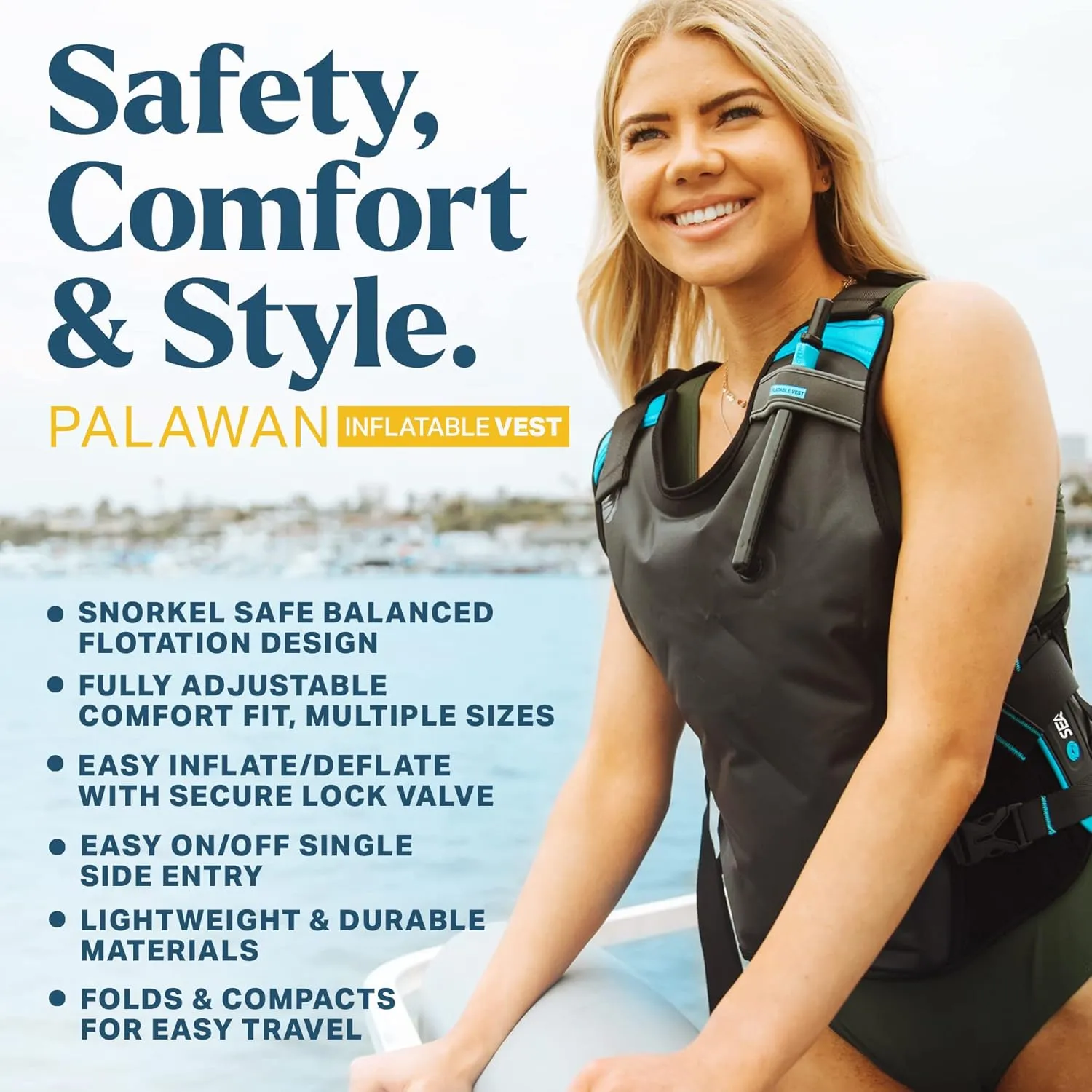 Seaview Palawan Inflatable Snorkel Vest - Premium Snorkel Jacket for Adults. Balanced Flotation, Secure Lock and Comfort Fit. for Snorkeling, Paddle-Boarding and Other Low Impact Water Sports.