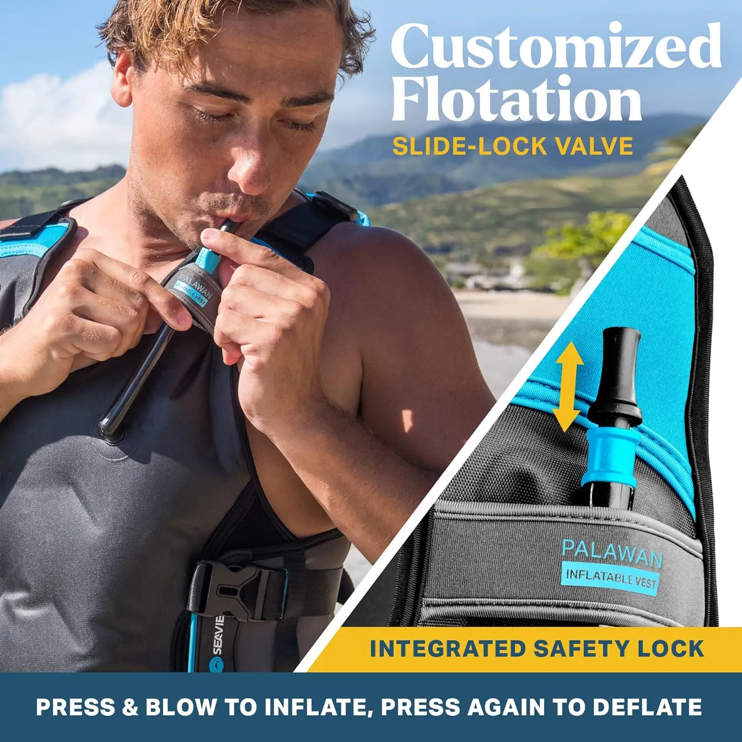 Seaview Palawan Inflatable Snorkel Vest - Premium Snorkel Jacket for Adults. Balanced Flotation, Secure Lock and Comfort Fit. for Snorkeling, Paddle-Boarding and Other Low Impact Water Sports.