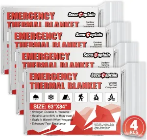 SecuCaptain Survival Emergency Thermal Blankets: Extra Large 84 x63 Space Mylar Blanket Kit for Outdoor Cold Winter Camping Hiking Car Bug Out Bag or First Aid - 4 Pack