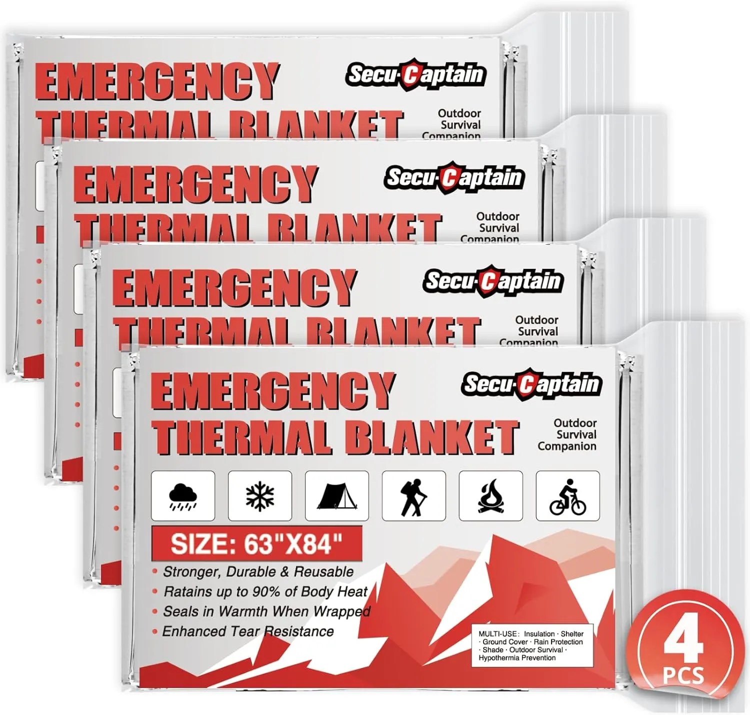 SecuCaptain Survival Emergency Thermal Blankets: Extra Large 84 x63 Space Mylar Blanket Kit for Outdoor Cold Winter Camping Hiking Car Bug Out Bag or First Aid - 4 Pack
