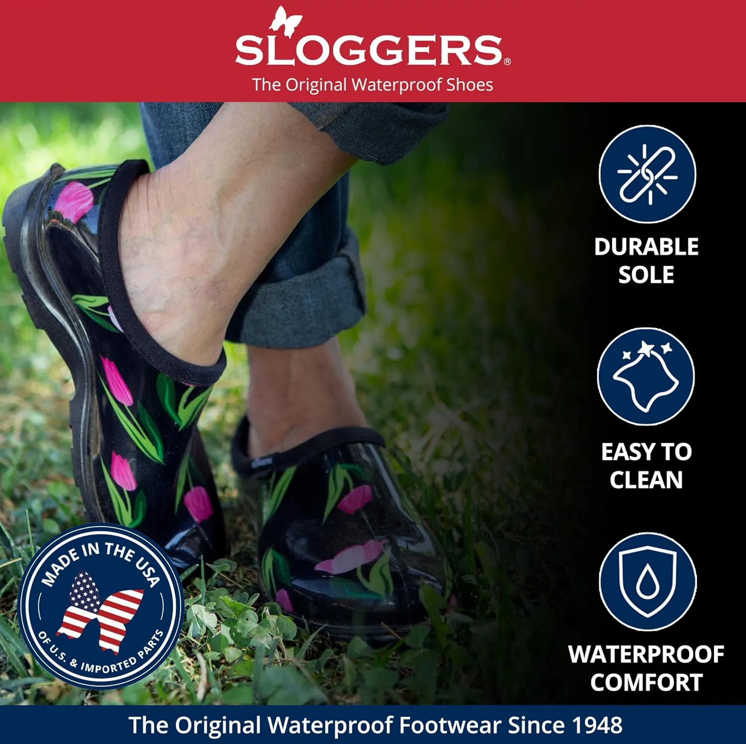 Sloggers Original Waterproof Rain and Garden Shoe for Women Outdoor Slip-On Garden Clog - Made in The USA with Premium Comfort Insole and Arch Support - Blue Spring Surprise Print, Size 10