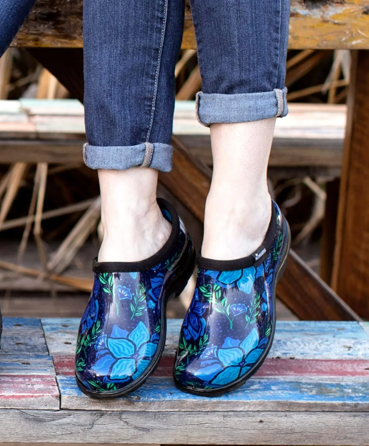 Sloggers Original Waterproof Rain and Garden Shoe for Women Outdoor Slip-On Garden Clog - Made in The USA with Premium Comfort Insole and Arch Support - Blue Spring Surprise Print, Size 10